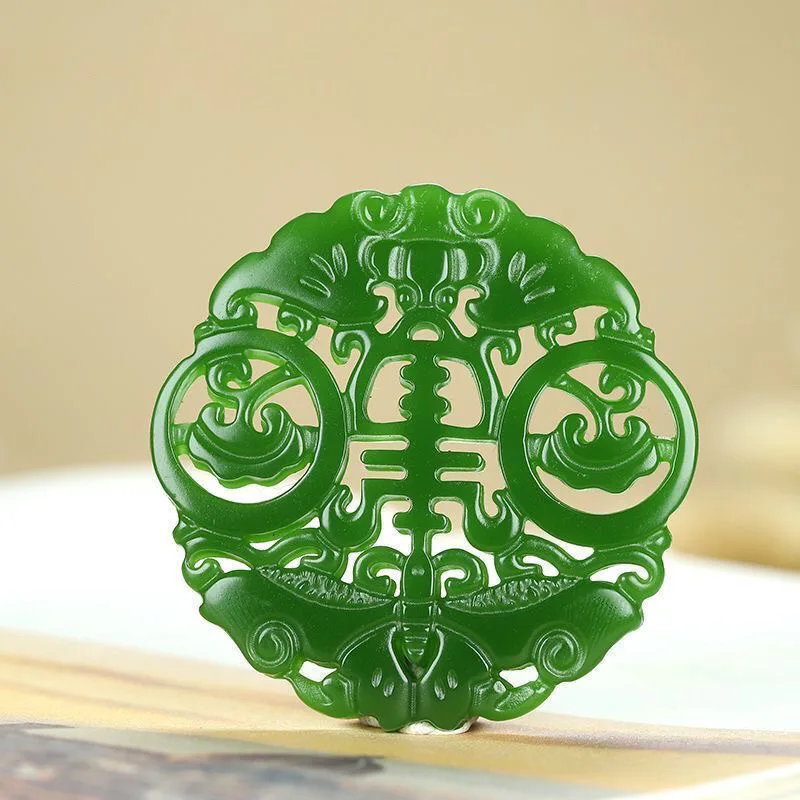 

Hot-Selling Fortune Pendant Spinach Green Jade Longevity and Happiness Natural Jadeite Jadeite Color Hollow Jade Pendant
