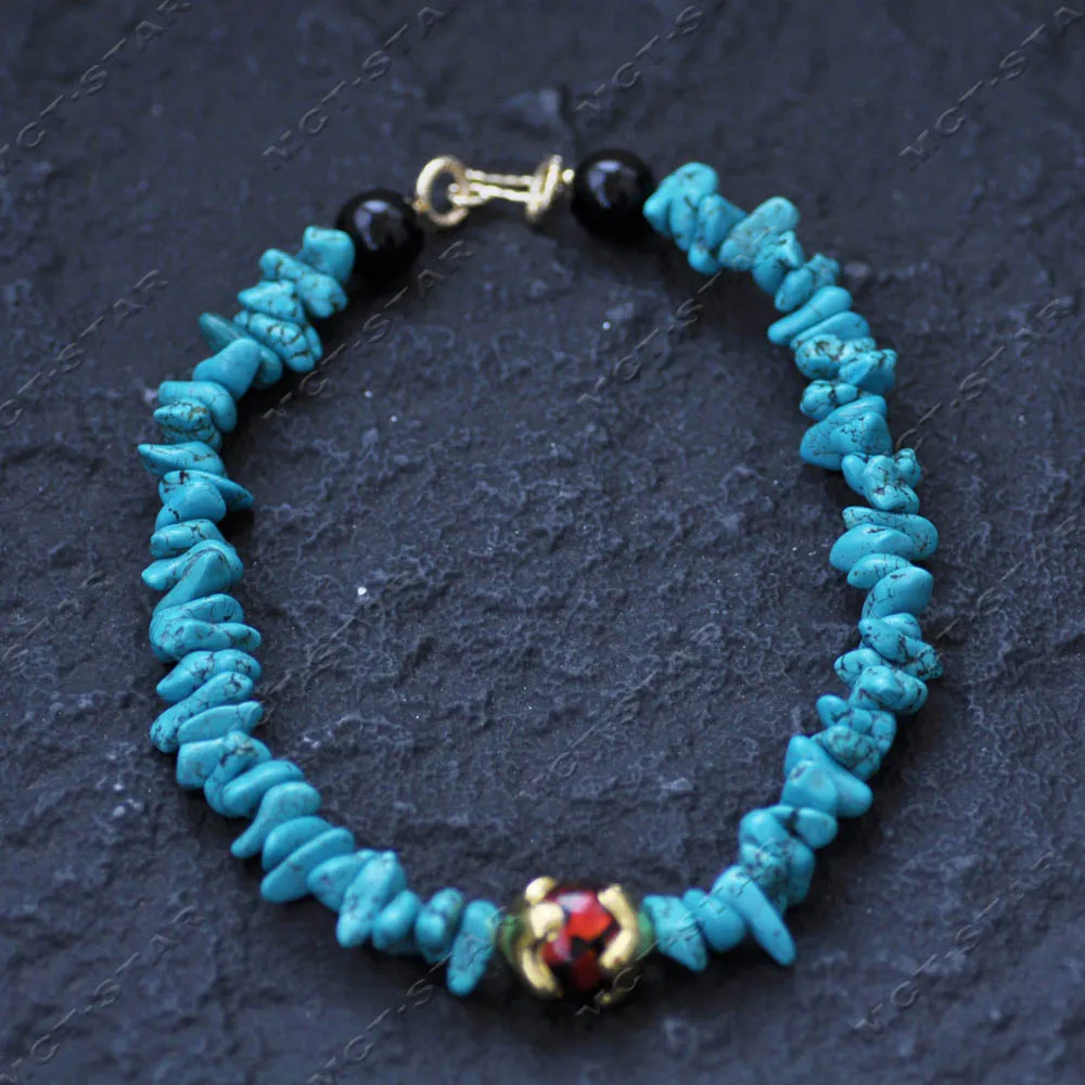 Z14543 18'' 25mm Blue Baroque Turquoise Irregular Raw Ore Red Flame Glass Ball Black Agate Necklace
