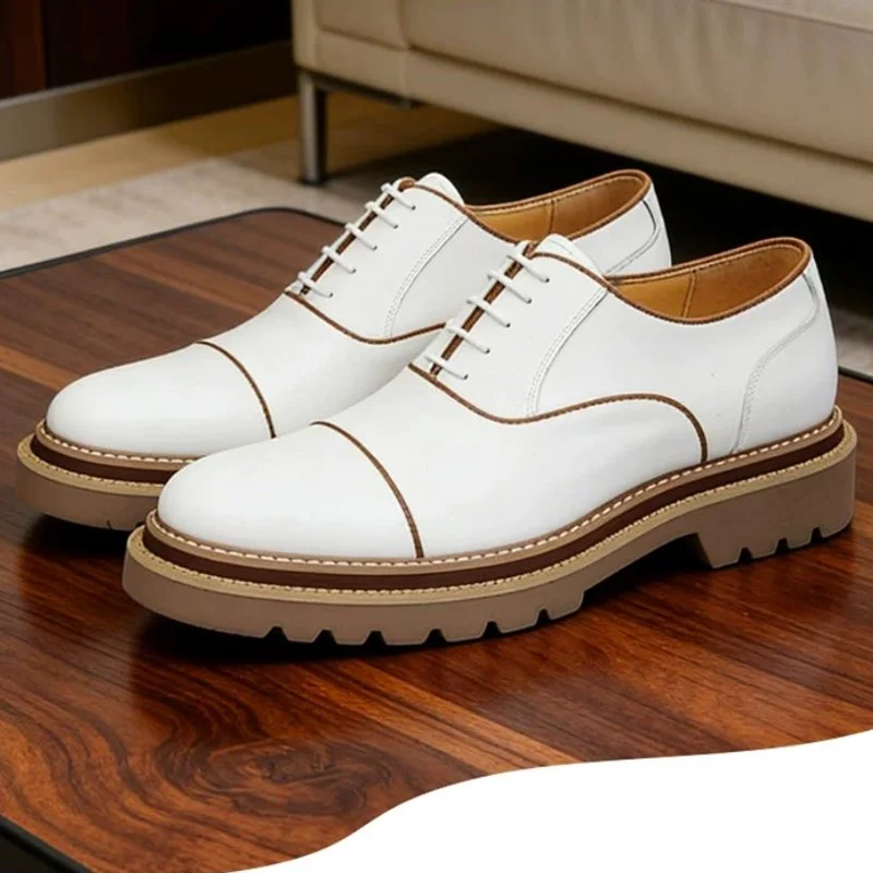High Quality Three-joint Genuine Leather Business Dress Shoes Man Thick-soled Height-increasing Oxford Shoes White Apricot Shoes