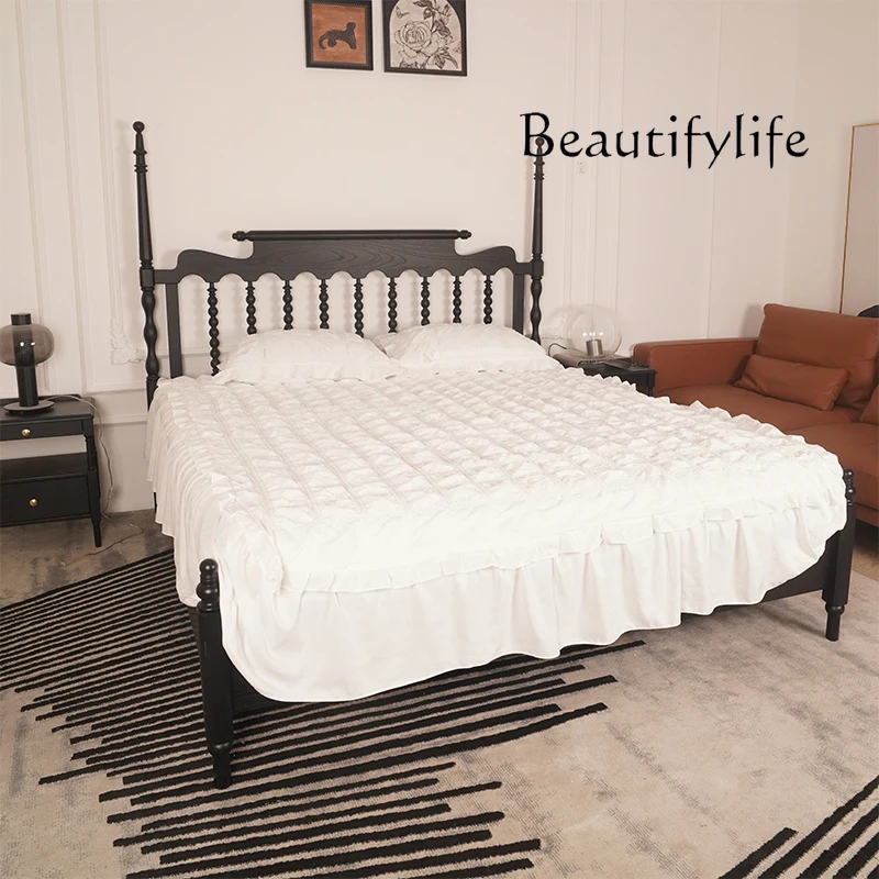 Retro Full Solid Wood Bed Simple Hollow-out Pillars Bed 1.5 M 1.8 M Mid-Ancient Style Bed