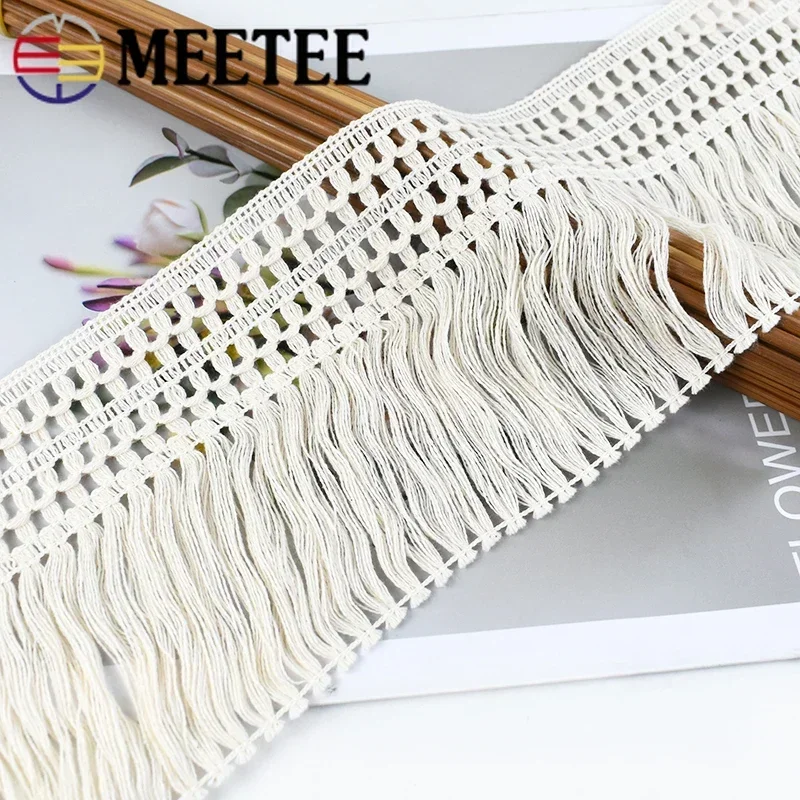 2/4/8Meter Meetee 12cm Cotton Fringe Tassels Lace Fabric Long Ribbon Trim for Sofa Curtain Knot Decor DIY Sewing Crafts Material