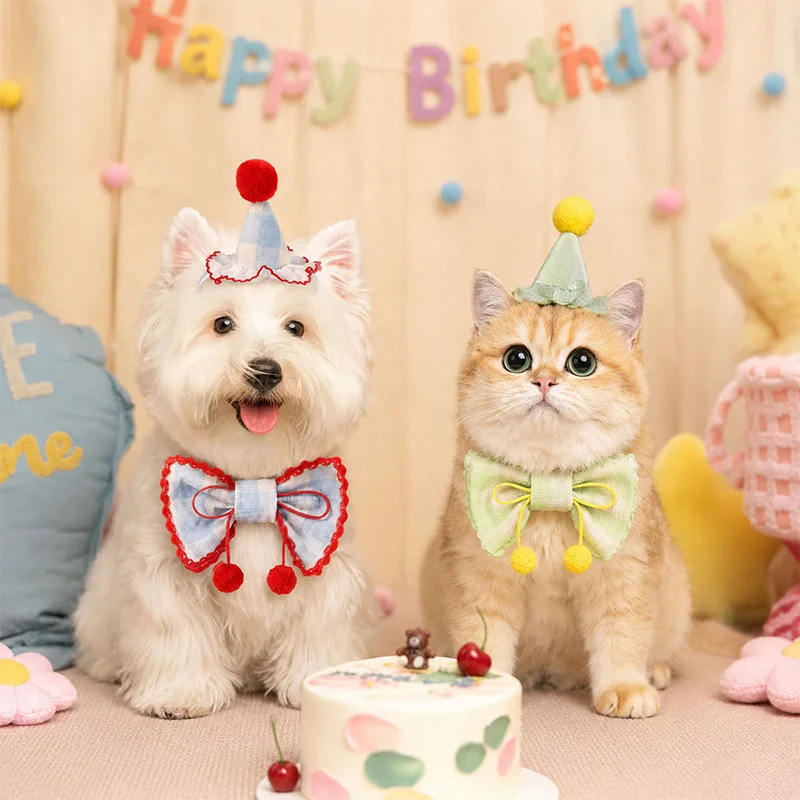 Pet Birthday Bib Party Hat Set Photo Prop Cat Puppy Lace Saliva Towel Mini Doggy Bandana Scarf Dog Birthday Dress Up Supplies