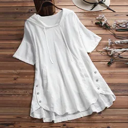 Women'S Summer Hooded O-Neck Short Sleeve Loose Casual Blouse Solid Color Button Women Top Casual Linen Tunic Tops With Pocket