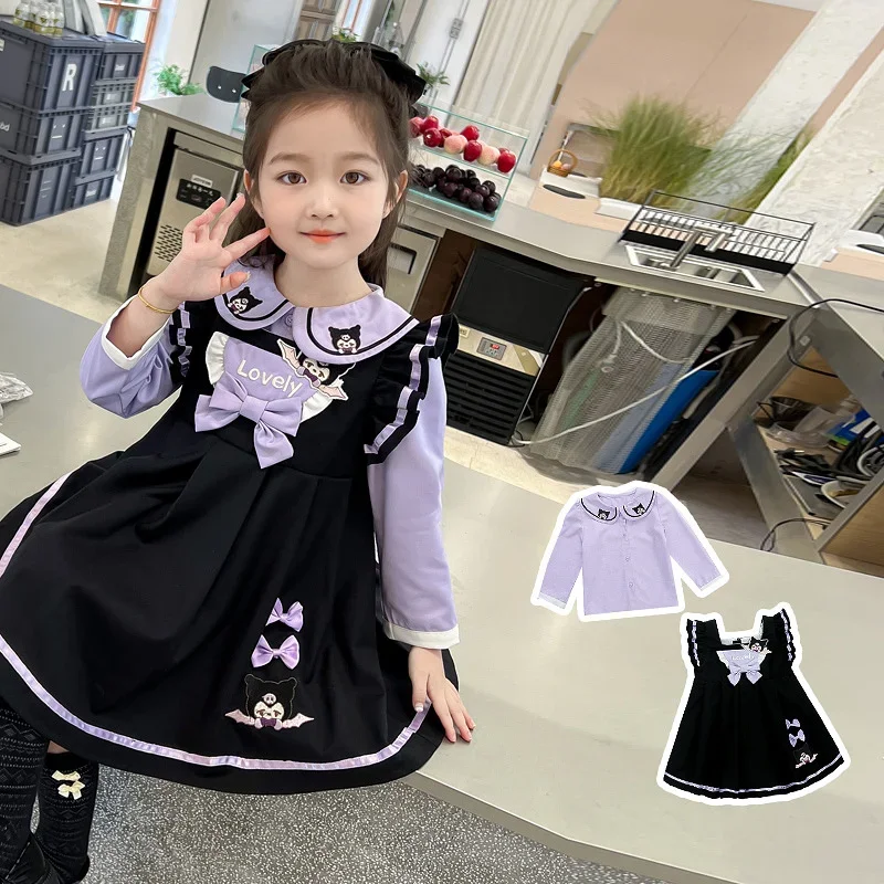 Sanrio Kulomi Cute Children's Casual Long Sleeve Cardigan Top Dress Cartoon Lapel Shirt Pullover Princess Dress Two-piece Set