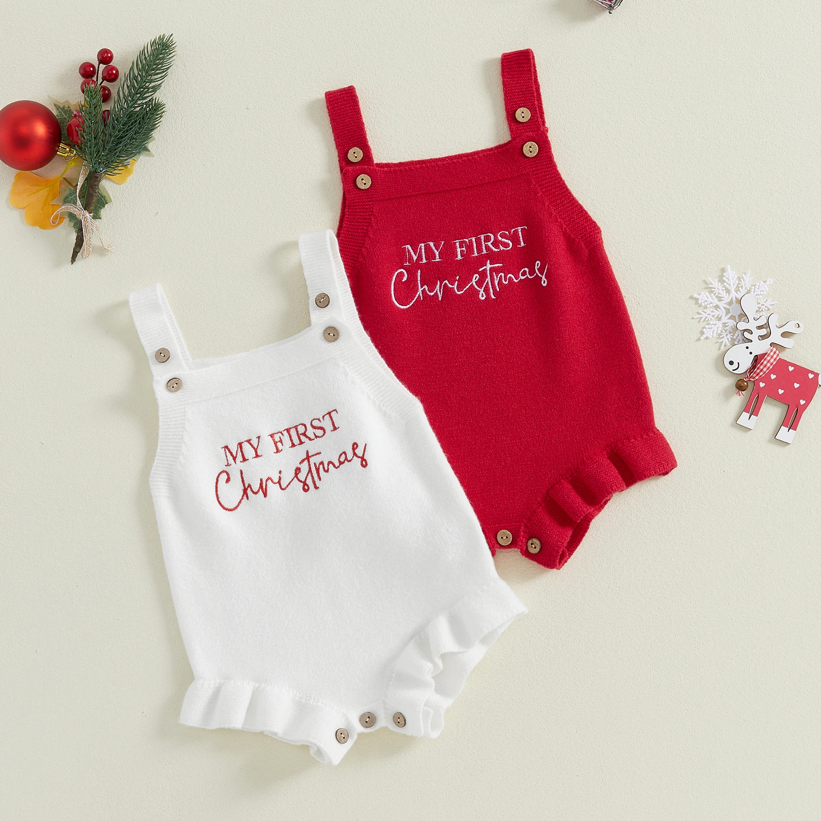 VISgogo 0-18 Months Baby Girl Christmas Knit Romper Sleeveless Square Neck Letter Print Ruffle Bodysuit Newborn Overalls