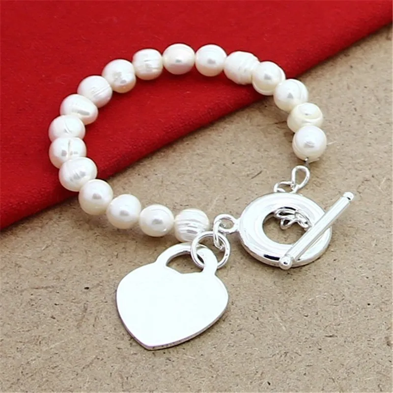 

925 Sterling Silver 8 Inches Pearl Heart Pendant Bracelet Men Women Fashion Engagement Party Favor Jewelry