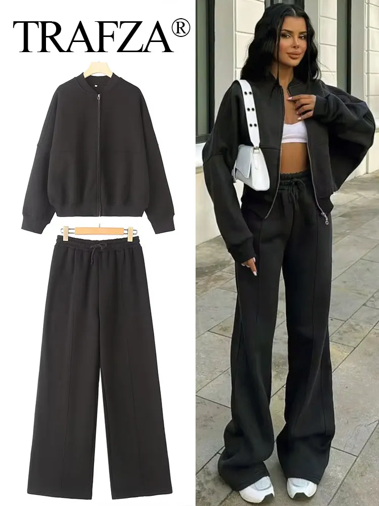 TRAFZA 2024 Woman Solid Trousers Set Long Sleeves Zipper Coat Top + Elastic Waist Lace Up Wild Commute Female Wide Leg Long Pant