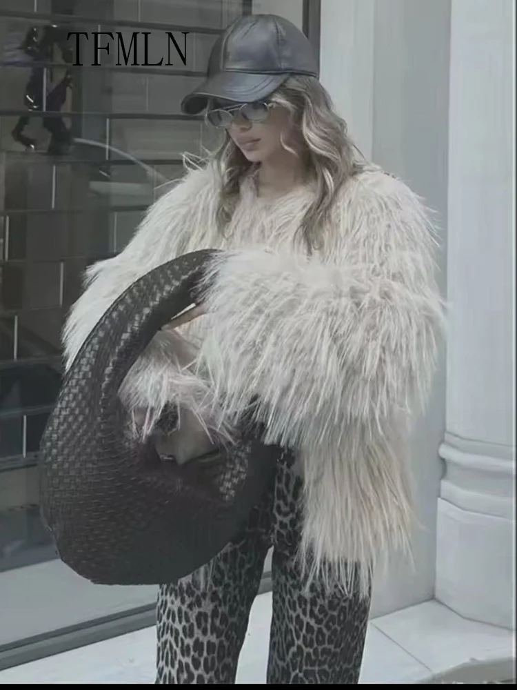 Модное однотонное пальто из искусственного меха, женская роскошная шикарная куртка-кардиган с круглым вырезом и длинными рукавами, женская теплая уличная верхняя одежда, зима 2023 г.