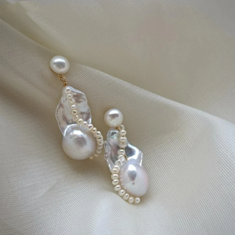 

Classic White Natural Pearl Baroque Pearl Dangle Handmade Statement 925 Sterling Silver Needle Earrings Valentines Day Gift