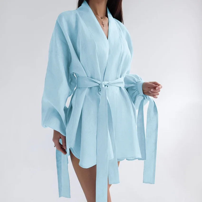 Elegant Blue Women's Three Pieces Set Casual Long Sleeve Shirts And Pockets High Waist Shorts Sets Beach holiday Casual Suit