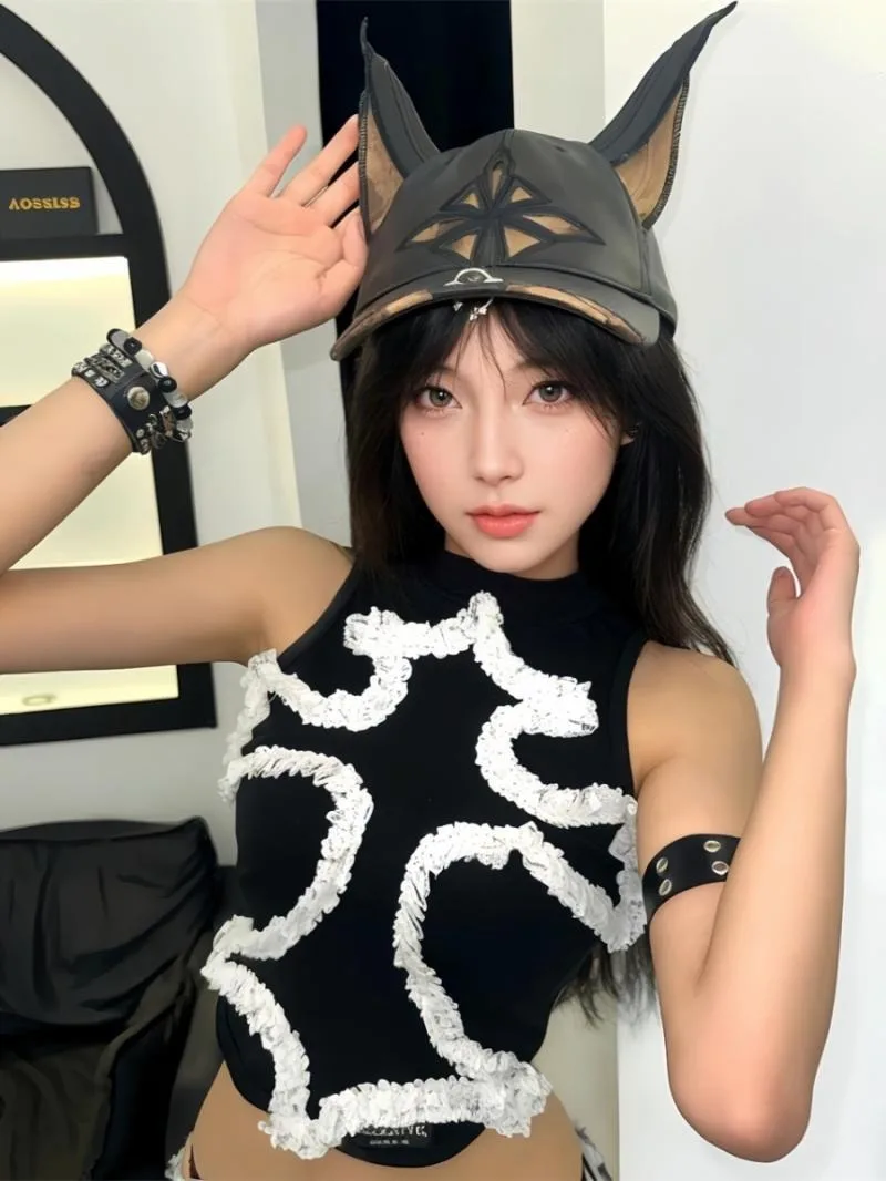 جديد الصيف مثير مكتب سيدة س الرقبة أكمام تانك القمم Y2k الجمالية مطوي يزين تصميم فتاة بروتيل Harajuku فاسق القمم