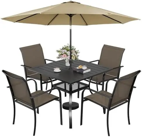 6-Piece Patio Furniture Set with Brown Umbrella, Patio Table and Chairs Set of 4 Textilene Chairs and Square Table with