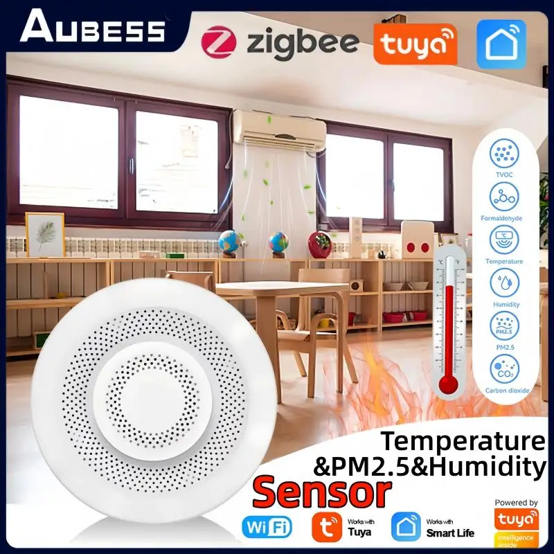 Tuya Zigbee/WiFi مستشعر جودة الهواء مراقب صندوق الهواء الذكي PM2.5 CO2 متر الفورمالديهايد VOC مستشعر درجة الحرارة والرطوبة والبوابة