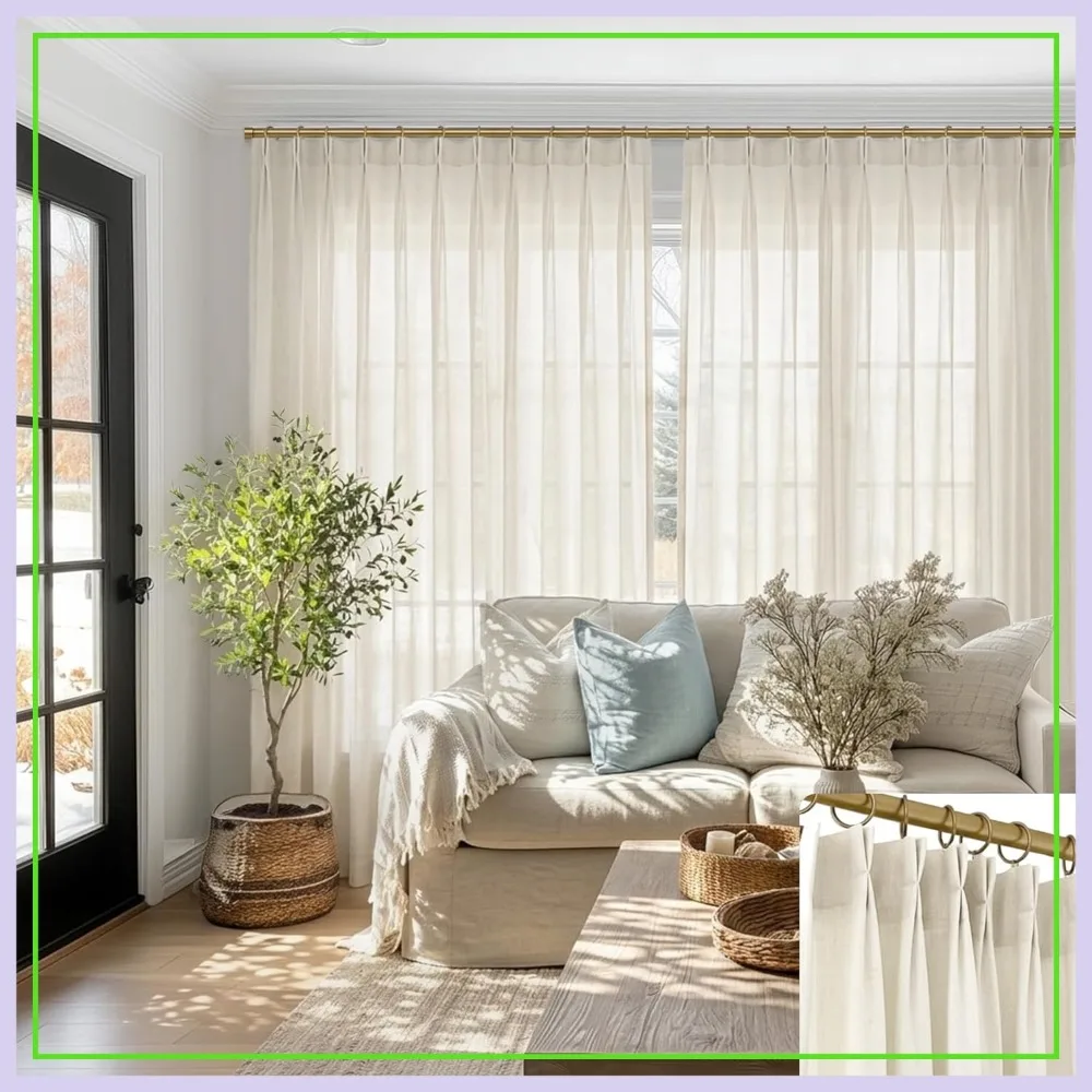 

70 Inch Extra Wide Pinch Pleated Linen Curtains 96 Inch Long, Light Filtering Floor to Ceiling Drapes for Track, Semi Sheer Pleat Panel for Living Room Bedroom
