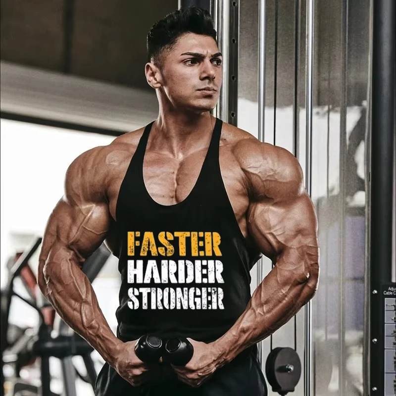 Herren-Fitness-Stringer-Weste aus Baumwolle – „FASTER HARDER STRONGER“-Aufdruck, ärmelloses Bodybuilding-Tanktop, Unterhemd nach dem Training