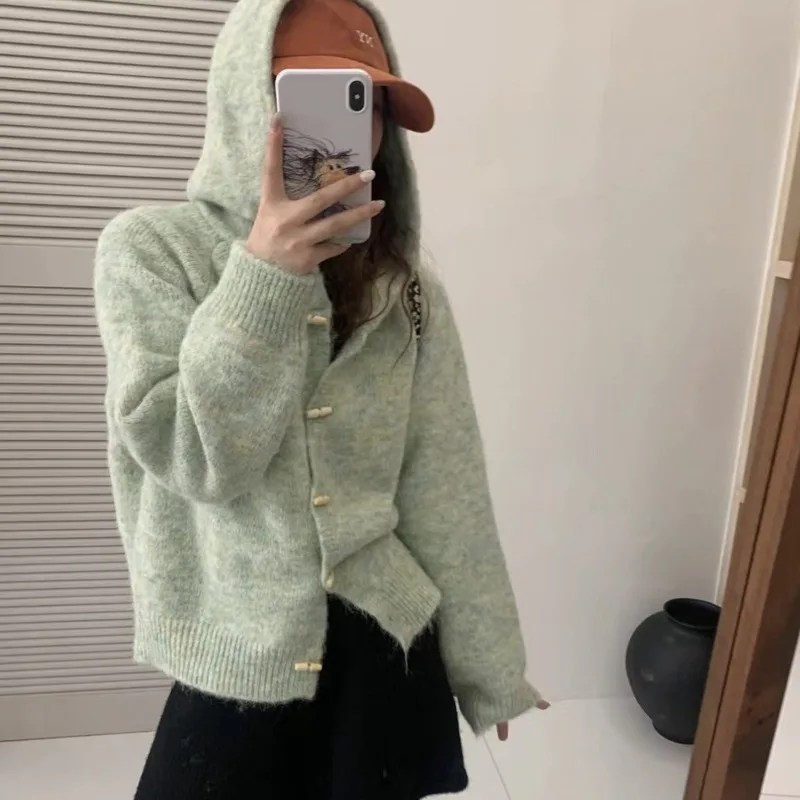 Women\'s Clothing New 2024 Autumn Mint Green Button Hooded Knit Cardigan Jacket Sweet Age-defying Sweater Top Women