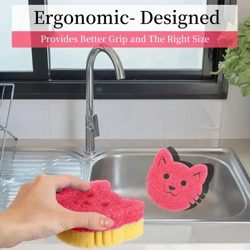 Temperature Sensitive Double Layer Kitchen Sponge Cat Face For Dish Pot Washing Fast Cleaning
