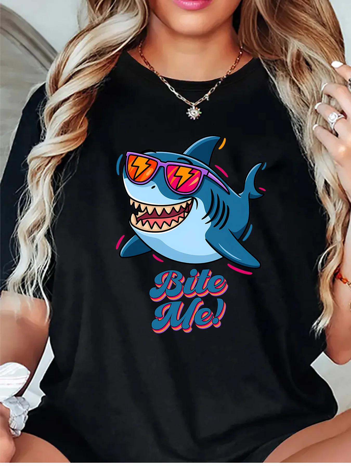 Bite Me Funny Cartoon Shark With Sunglasses Art Graphic Womens T Shirt Short Sleeve Crew Neck Daily Casual Ladies Tee Tops