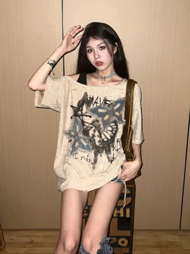 American Style High Street Fashion O-Neck Bufferfly T-Shirts Women Patchwork Sexy Slim Halter Top Summer Gyaru Streetwear Tees