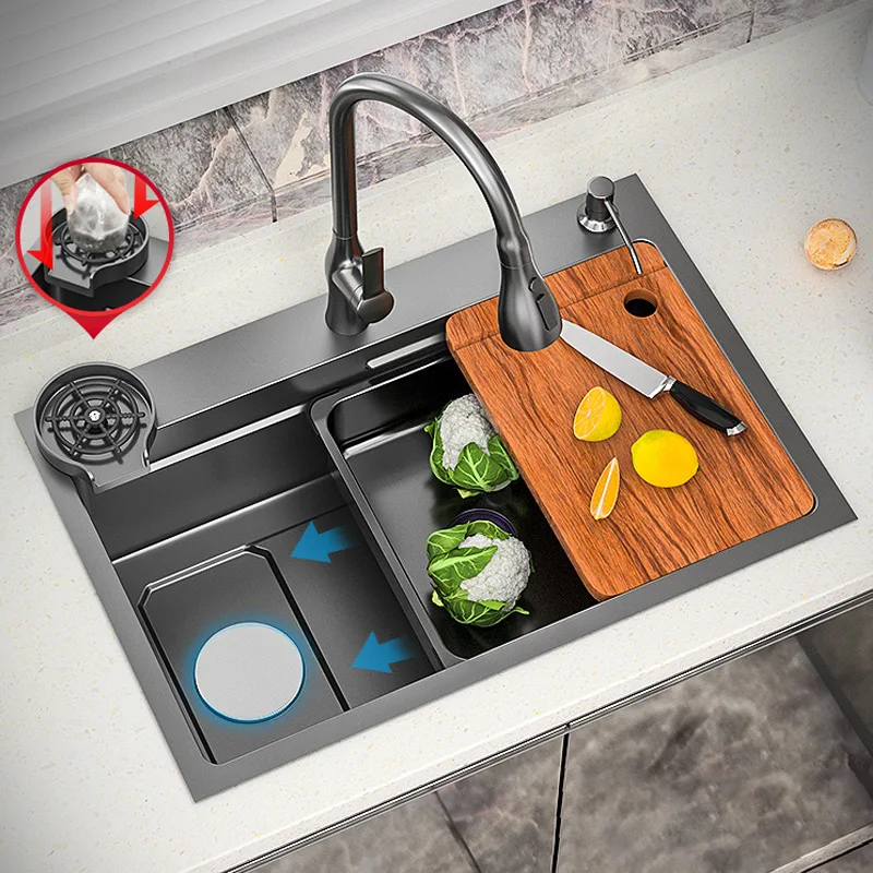 304 aço inoxidável Nano Kitchen Sink, Grande tigela única, Black Wash Basin e máquina de lavar louça, Lado esquerdo para baixo