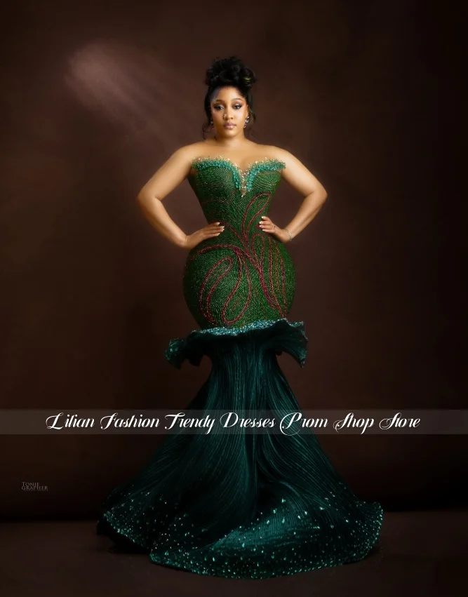 

Emerald Green Beaded Mermaid Evening Gown Luxury Mermaid Wedding Dress for Black Brides Red Carpet Gown Engagement Customized