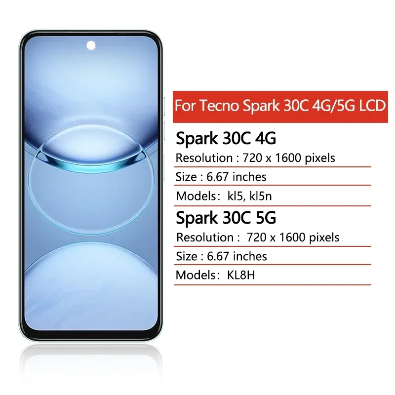 6.67' Tested Spark30C Display For Tecno Spark 30C 4G KL5 KL5N LCD Display Touch Screen Digitizer For Tecno Spark30C 5G KL8H