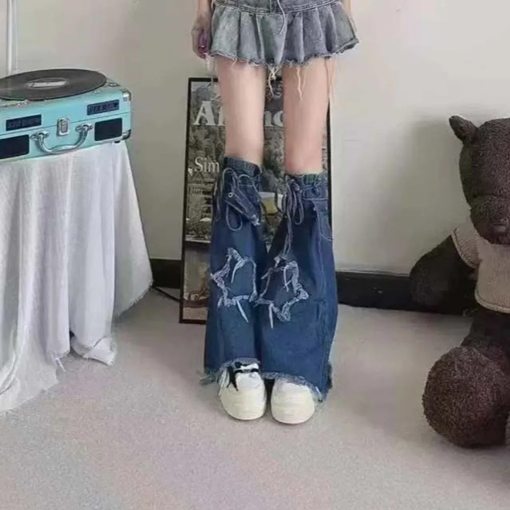 Japanese JK Lolita Y2K Denim Leg Warmers Denim Cloth Stars Cross Trumpet Leg Covers Drawstring Pile Up Socks Long Stockings