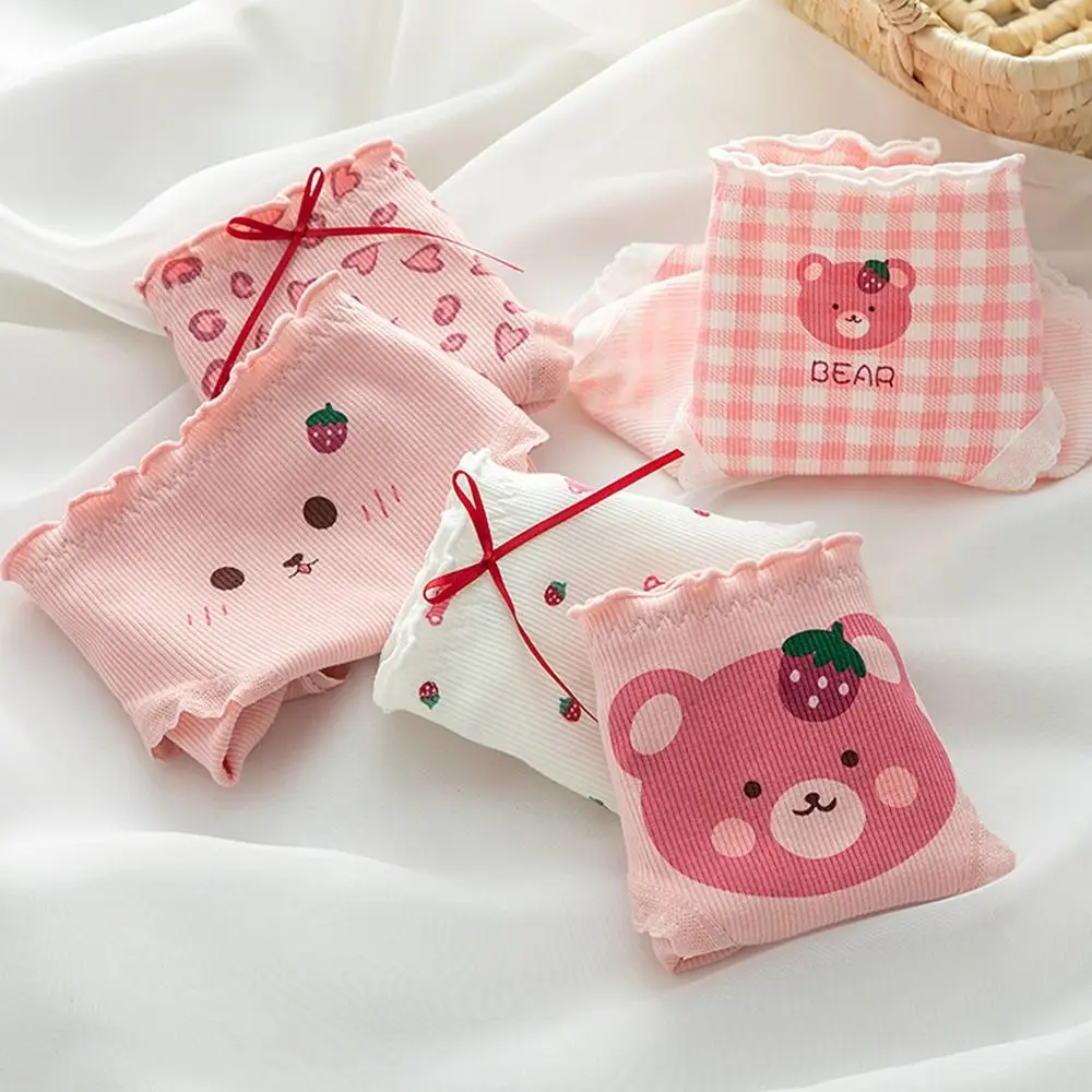 

Soft Underpants For Girls Cartoon Cotton Middle-waist Plaid Briefs Plaid Thong Strawberry Bear Panties Female Lingeries