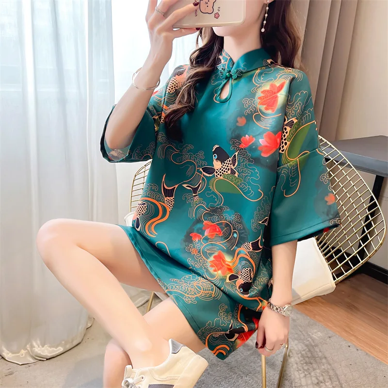 Solredo Traditional Chinese Women Cheongsam Long T-Shirt Dress Half Sleeve Printing Loose Qipao Elegant Oriental Short Costumes