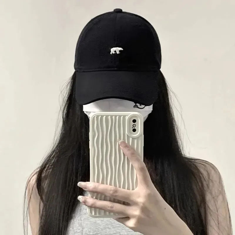 Hat Female Spring/Summer American Embroidered Wide Brimmed Baseball Hat Female Sunshade Soft Top Polar Bear Duck Tongue Hat Male