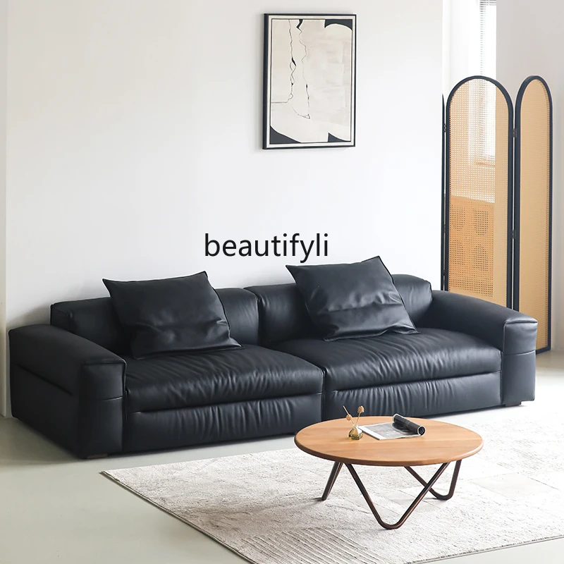 Nordic Italian minimalist leather sofa medieval living room large apartment first layer cowhide straight row big black cow