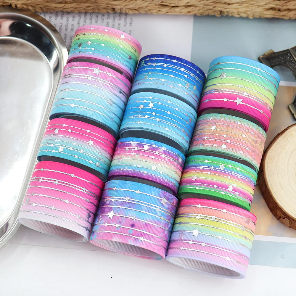 Silver Stripe Star Rainbow Gradient Soft Colors Grosgrain Fabric Ribbon 5 Yards Butterfly Ribbon for Sewing Hair Bow Clips