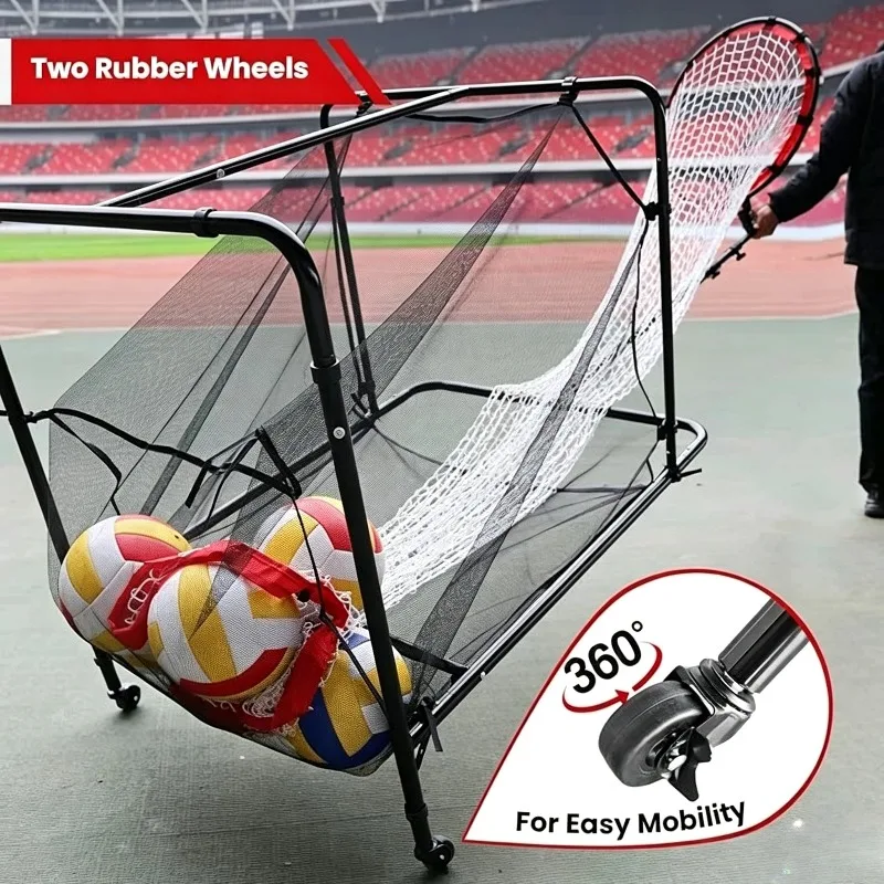 Volleyball Rebounder Frame Adjustable Height Angle Mobile Training Net Ball Collector Cart Solo Practice Indoor Outdoor Sports