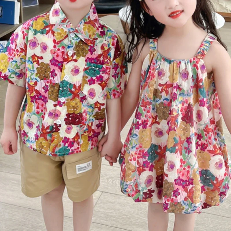 

Fashion Brother Sister Outfit Girls' Summer Suspender Print Dress Boys' Patterned Top Solid Color Shorts Set Children's Clothing