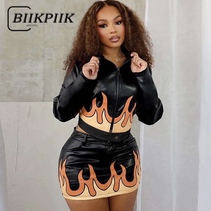 

BIIKPIIK Moto&biker Flame Printed Leather Skirts Sets Fashion Contrast Color Streetwear Two Piece Suits Sexy Club PU Jacket Sets