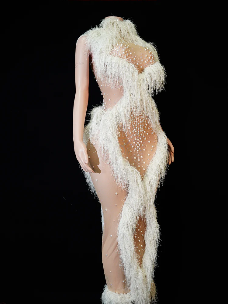 

White Pearls Fringe Mesh Transparent Dress Drag Queens Costume Performance Evening Club Dance Outfits Gogo Stage Festival Wear