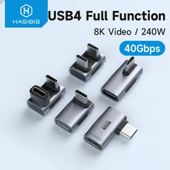 Hagibis USB C to C 어댑터, 썬더볼트 4/3 맥북 아이폰 16 프로 태블릿용 USB4 어댑터, 240W, 40Gbps, 8K, 60Hz, 90 도 변환기