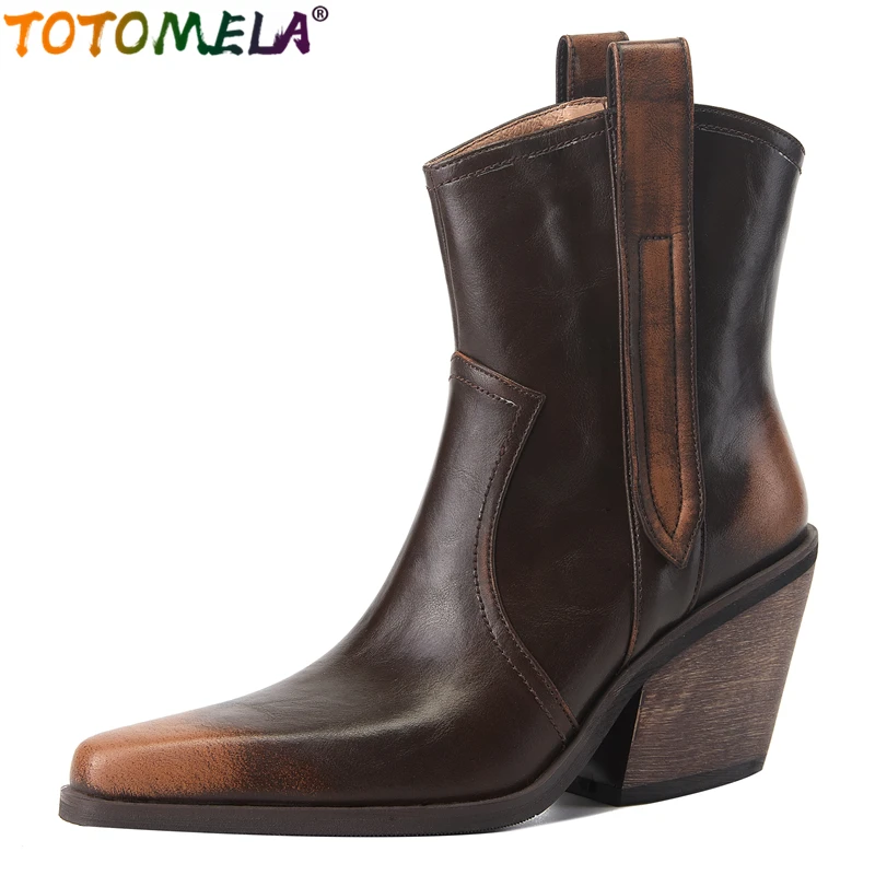 TOTOMELA Plus Size 33-41 New Genuine Leather Boots Women Slip On Retro Western Ankle Boots Chunky Wedges Heels Autumn Shoes