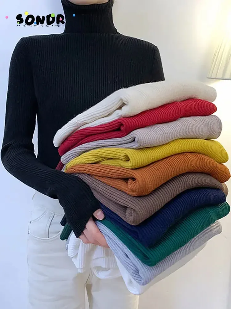 

New 2022 Women Pullover Turtleneck Sweater Autumn Long Sleeve Slim Elastic Korean Simple Basic Cheap Jumper Solid Color Top