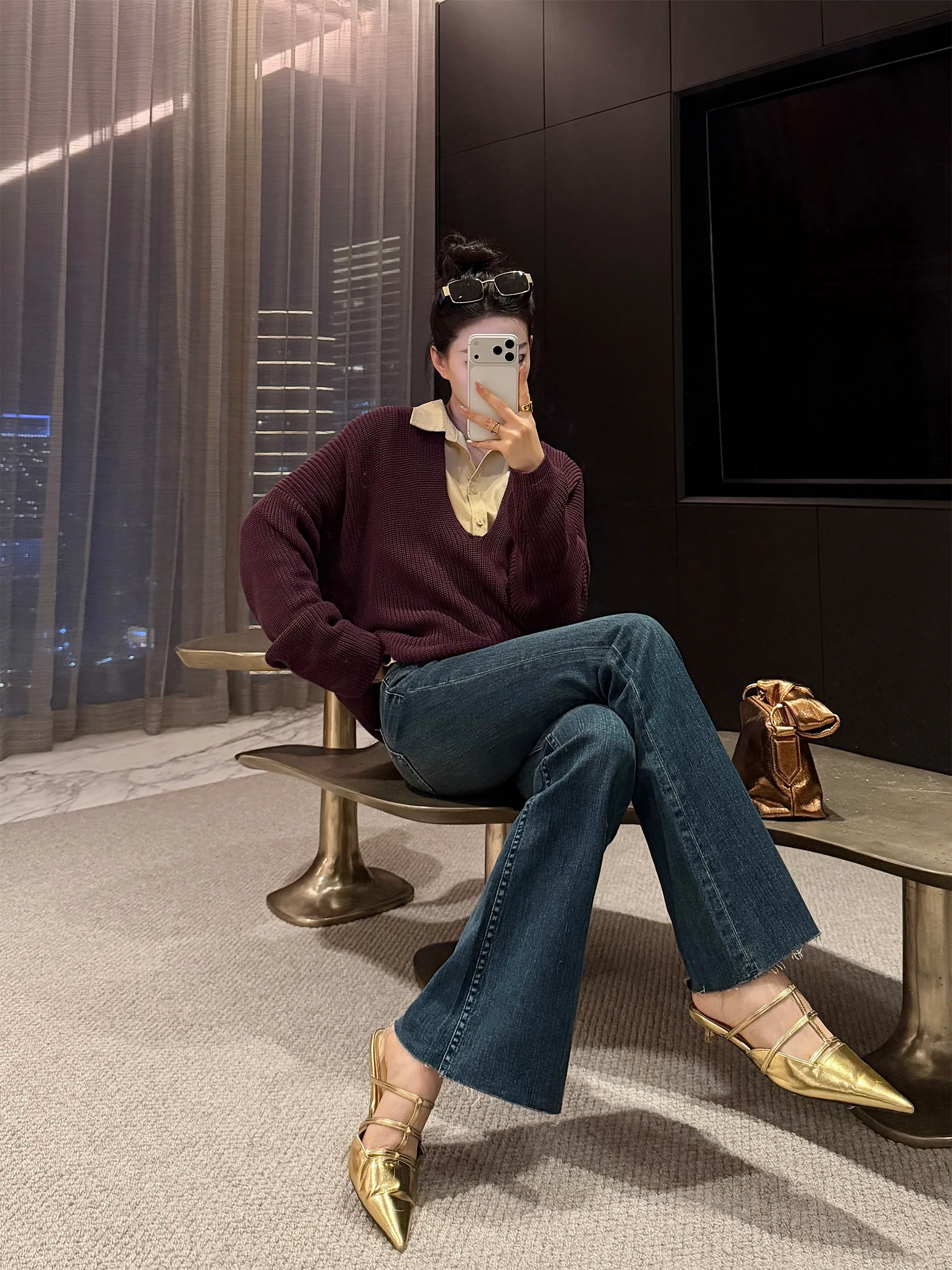 

High Waist Bell Bot Denim Jeans Women's Spring Slimming Cotton Vintage Sle Button Closure Color