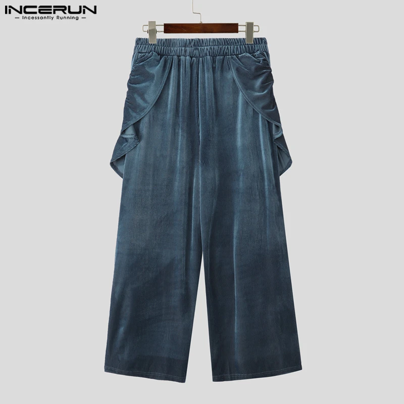 INCERUN الرجال السراويل بلون القطيفة مرونة الخصر ركض السراويل الرجال كشكش الشارع الشهير فضفاض موضة السراويل الطويلة غير رسمية S-5XL