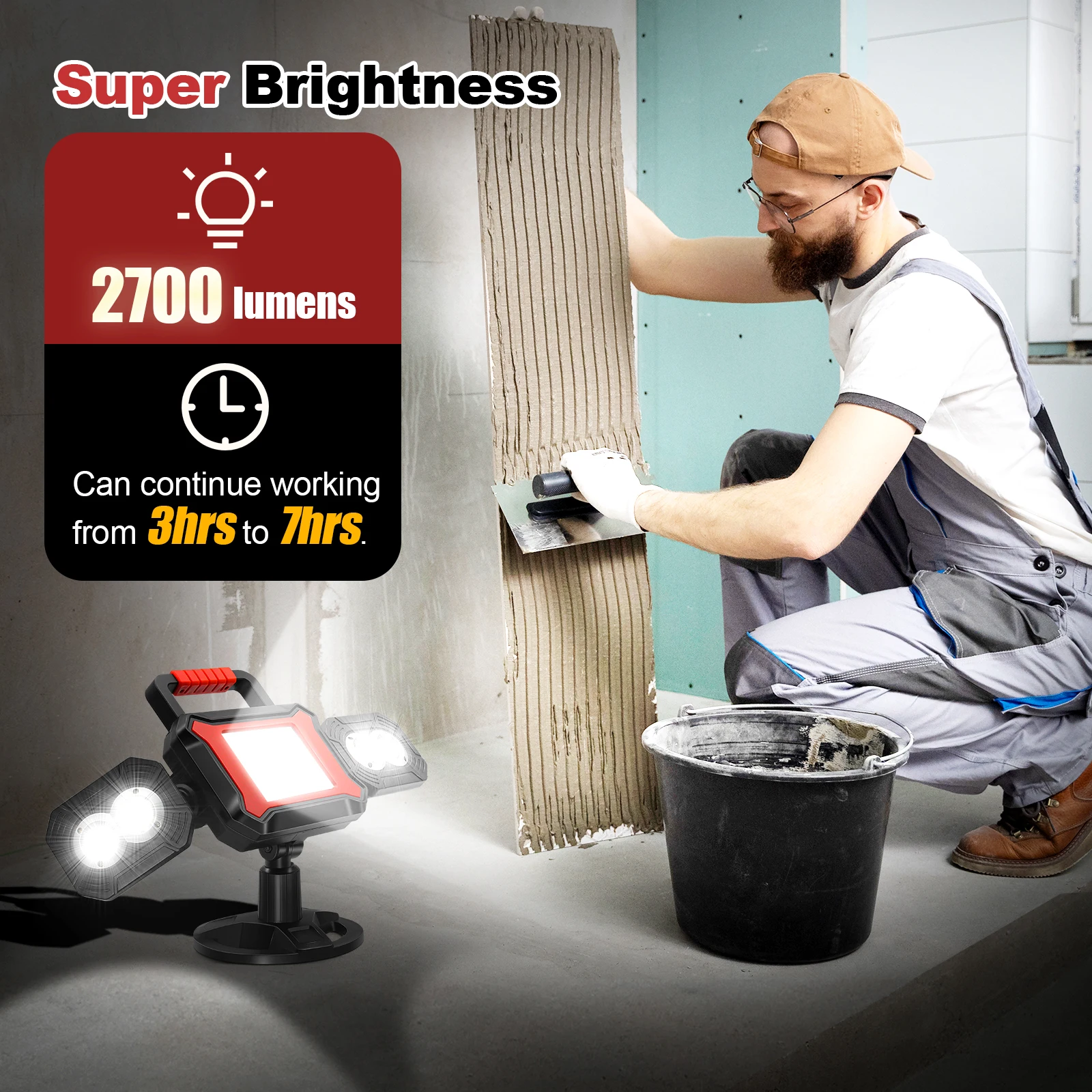 Rechargeable Work Light 25W 2700LM COB LED Magnetic Work Light with Battery Portable Waterproof Cordless Job Site Lighting