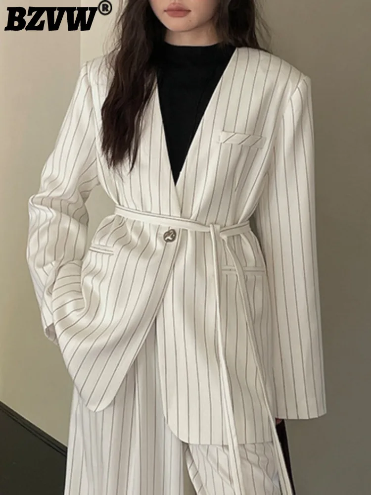 

BZVW Office Lady Striped Blazer For Women V-neck Long Sleeves Single Button Lace-up Design Coats 2024 Autumn New 25A8833