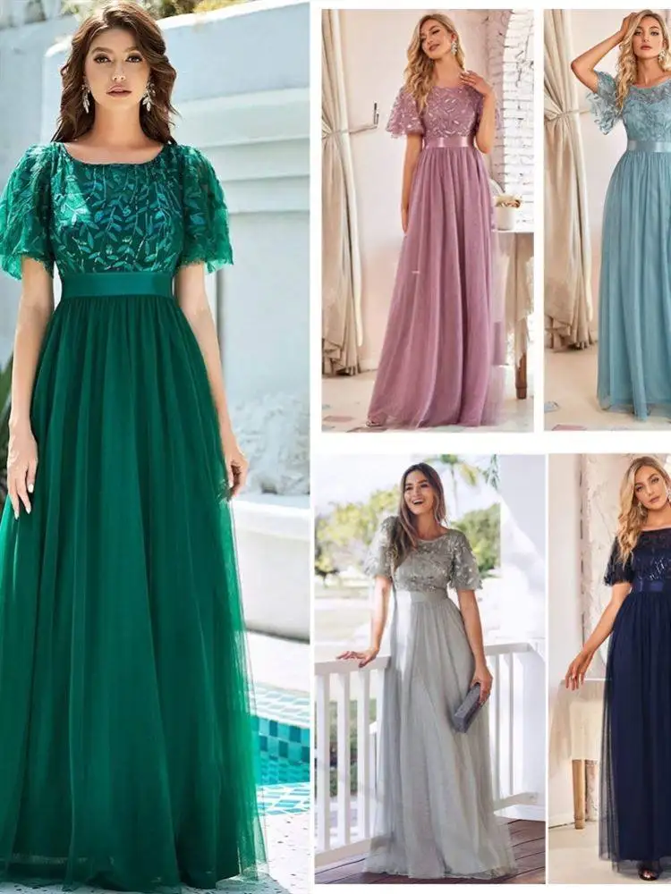 

2024 Quali Spring Autumn Cross-Border Elastic Waist Splice round Ne Par Large A-Line Me Evening Gown Women