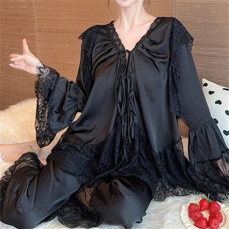 

Patchwork Lace Long Sleeve Pajamas Set Spring Summer New Female Sleepwear Pijamas Suit Sexy French Style Nightwear Loungewear