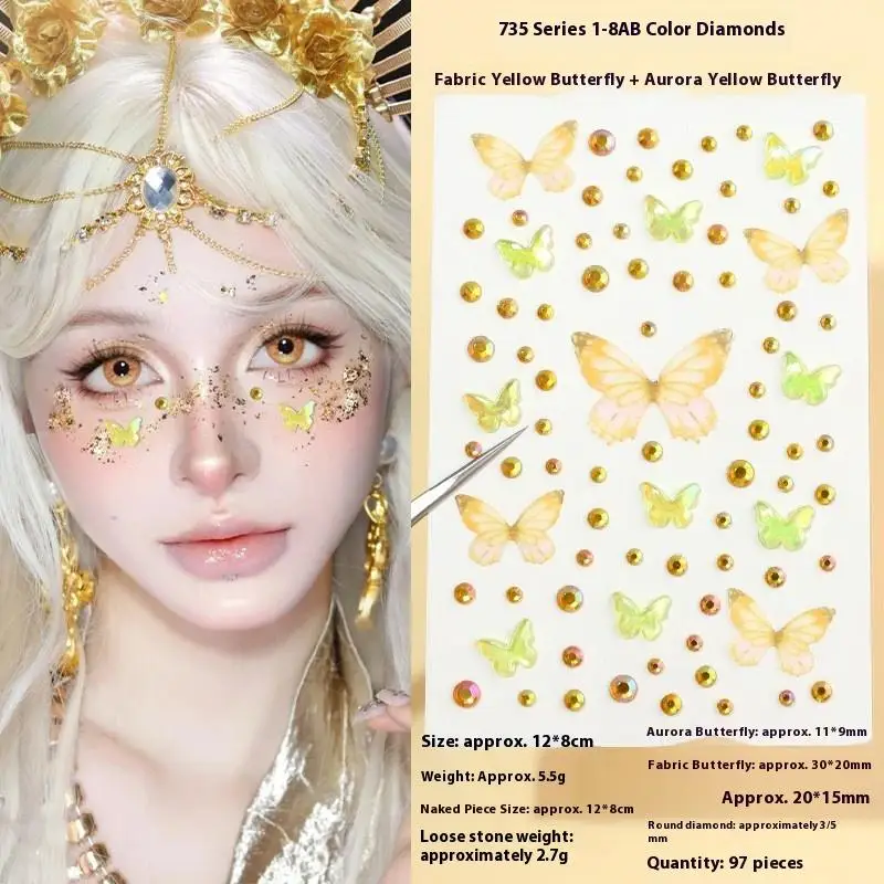 1 ورقة قزم فراشة حجر الراين ملصقات الوجه Kawaii ذاتية اللصق النسيج فراشة ديكور لمستلزمات ماكياج الحفل المرحلة #3