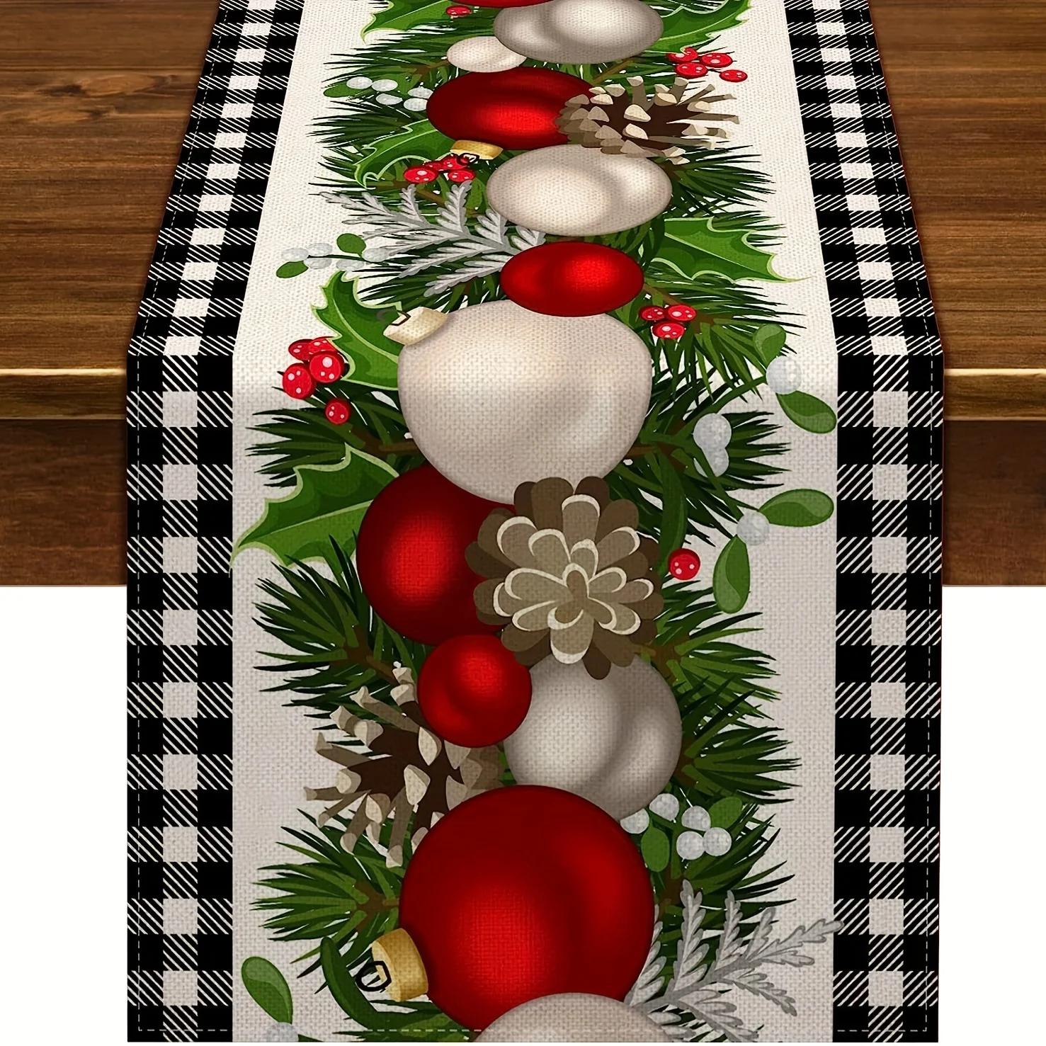 Christmas Ball Pine Needle Linen Table Runner Home Decor Winter Xmas Buffalo Plaid Kitchen Table Runners Christmas Decorations