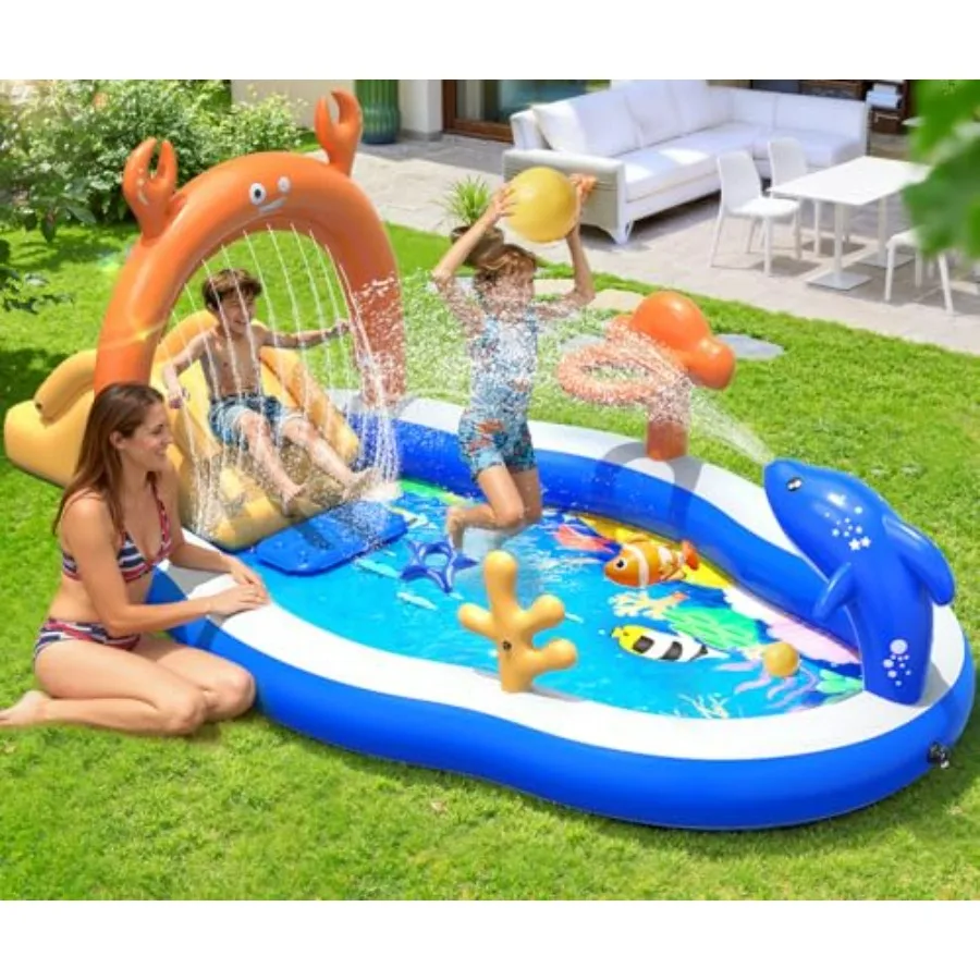 Backyard inflatable water park for toddlers: PVC, blue, includes slide and sprinkler, 110''x65''x45'', quick-setup blow-up play