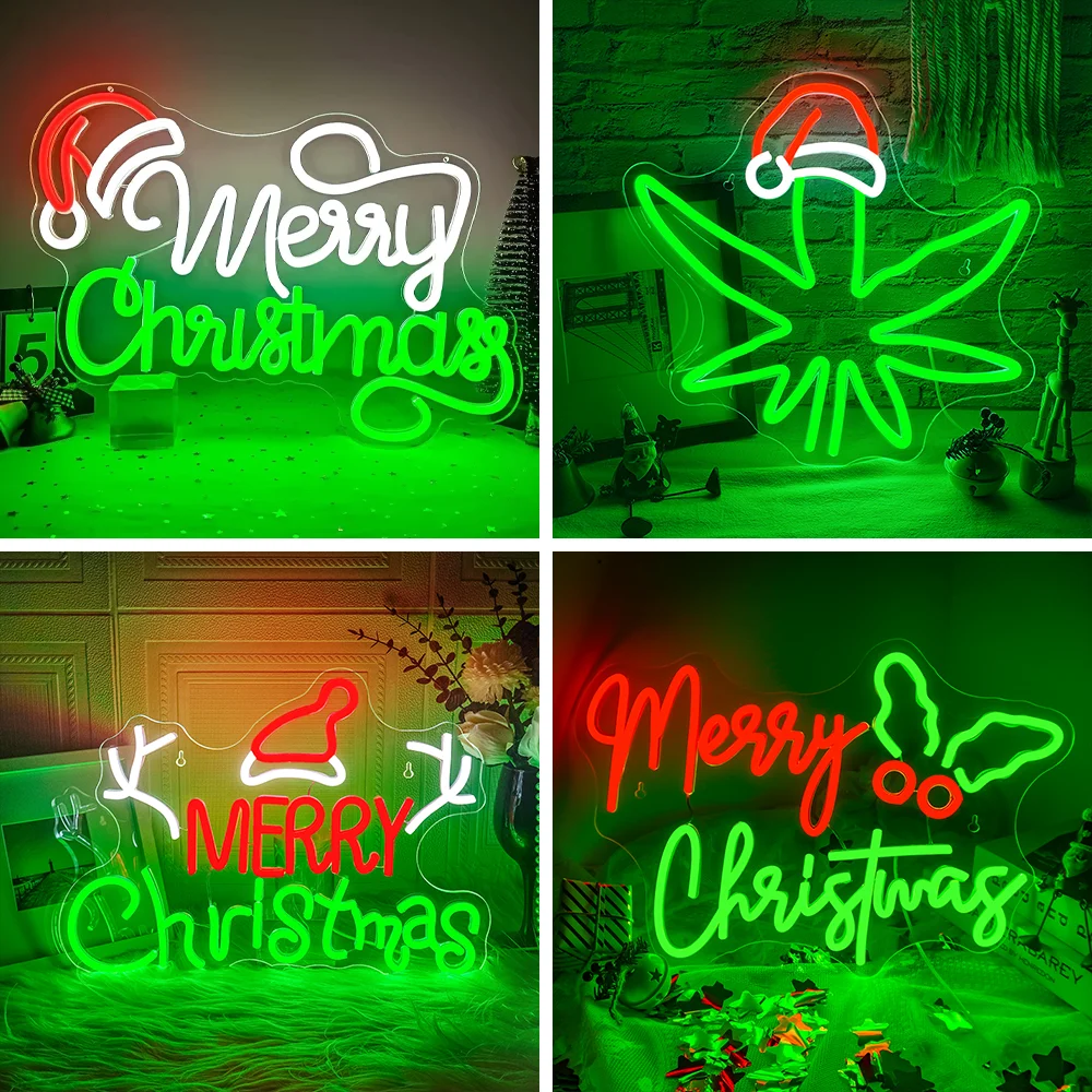 Merry Christmas Red Green Neon Sign Christmas Party Decor Wall Hanging Neon Light For Room Shop Bar Window Light USB Dimmable