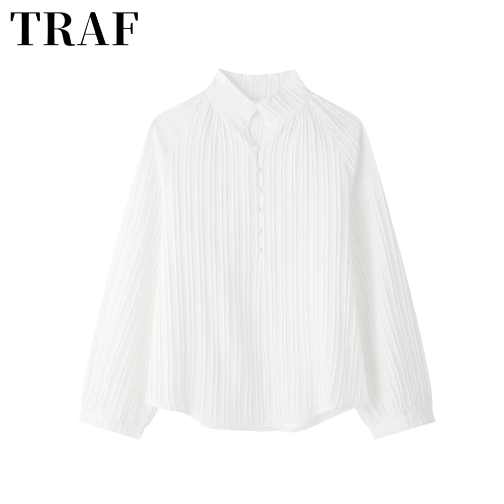 TRAF Ice Silk Wrinkle European and American Style Women\'s New Fashion Solid Color Standing Neck Striped Shirt